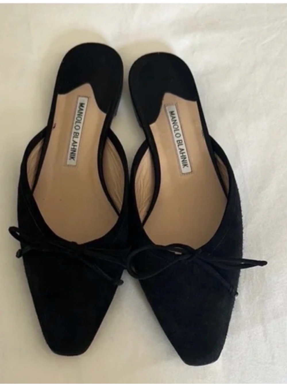 Manolo Blahnik Black Suede Pointed Slingback Bow Flats